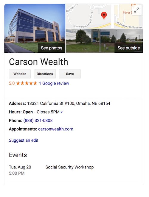 financial advisor seo results page carson group