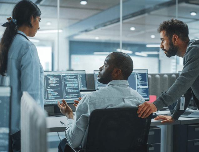 Professionals looking at code on a computer screen