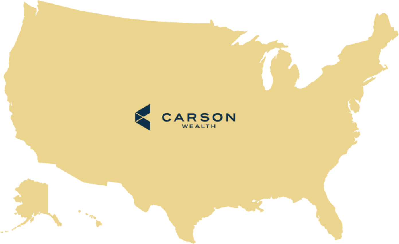 US Map in gold with Carson Wealth logo in blue