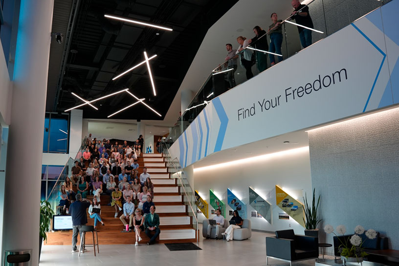 Carson Team on sit stairs for a enterprise meeting at Carson HQ.